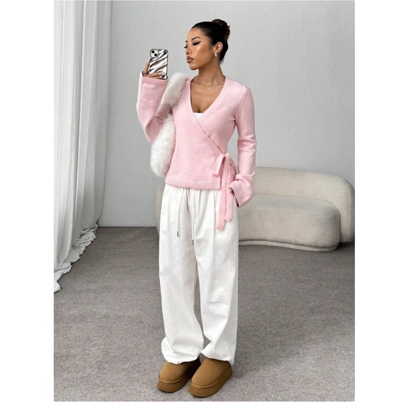 Pink Wrap Tie Side Cardigan Long Sleeve V-Neck - Picture 6 of 9